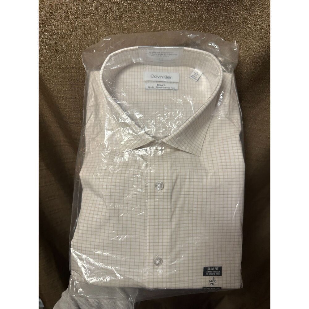 NWT Calvin Klein Mens Steel Plus Slim Fit Plaid Dress Shirt Size 2XL Apricot